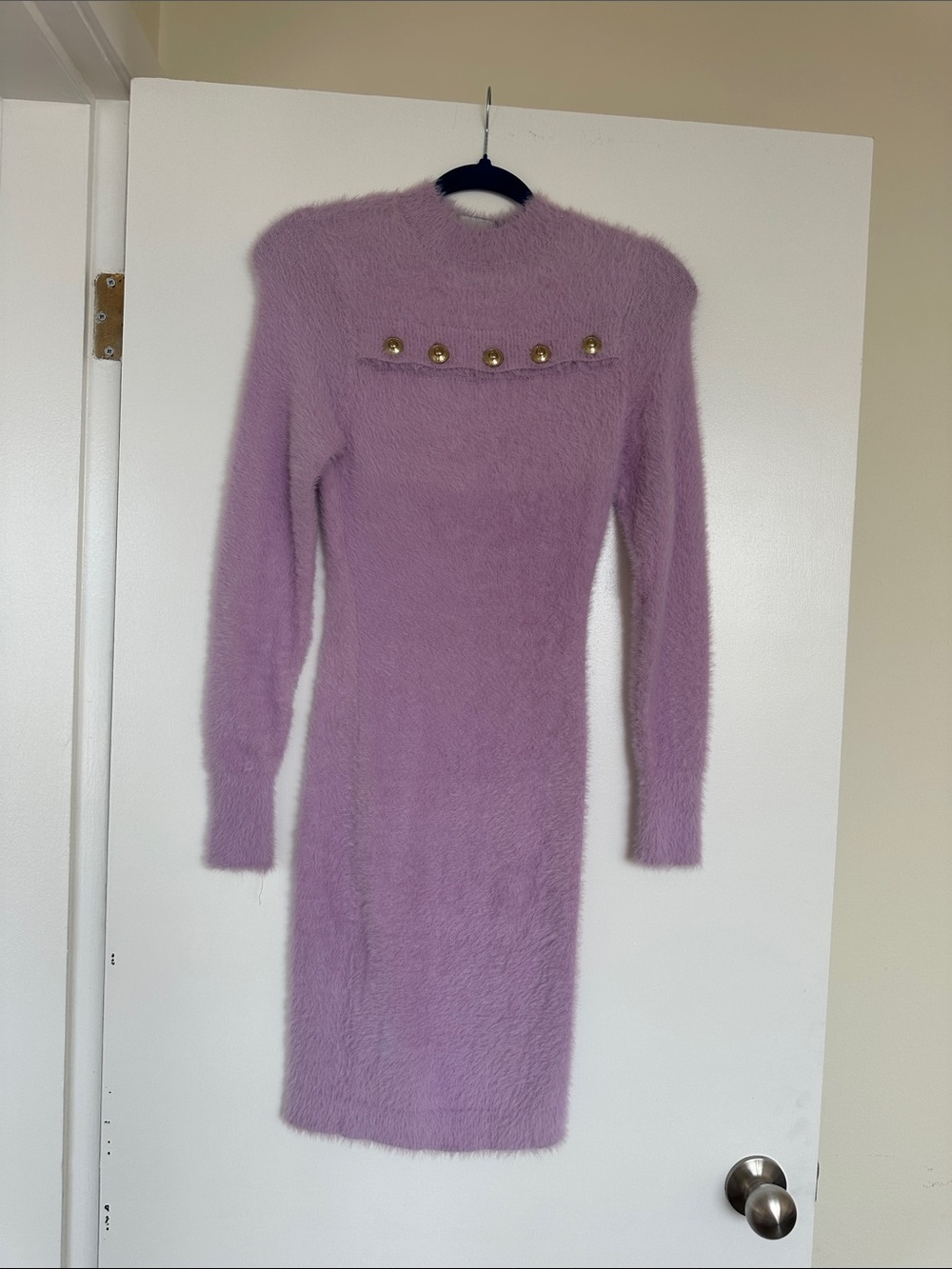 Lavender Long-Sleeve Faux-Fur Bodycon Dress with Gold Button Detail